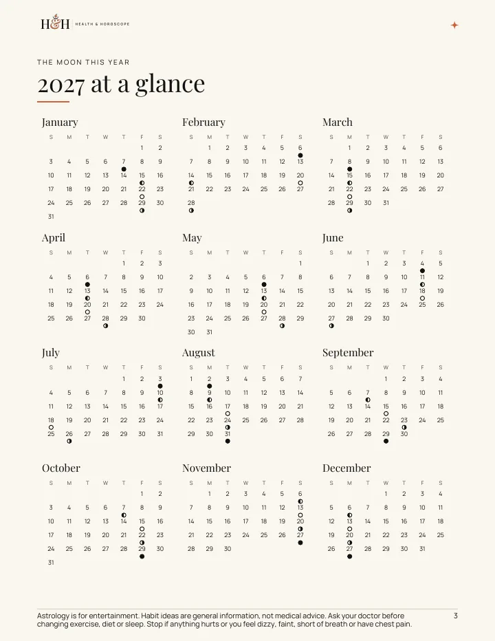 Sample page: 2027 moon phases at a glance